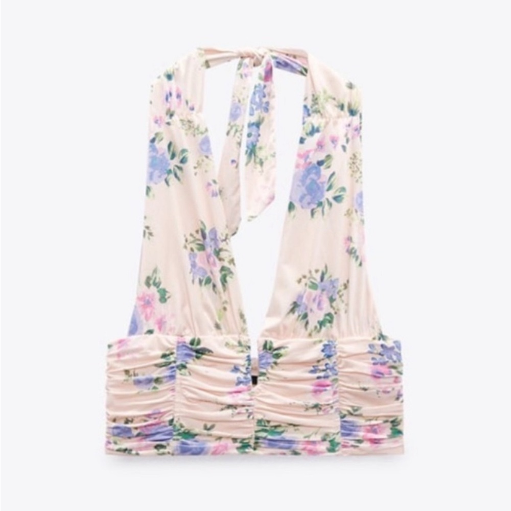 NWT Zara Pale Pink Blue Floral Deep V Cropped Halter Neck Ruched Top sz Small - Picture 5 of 11